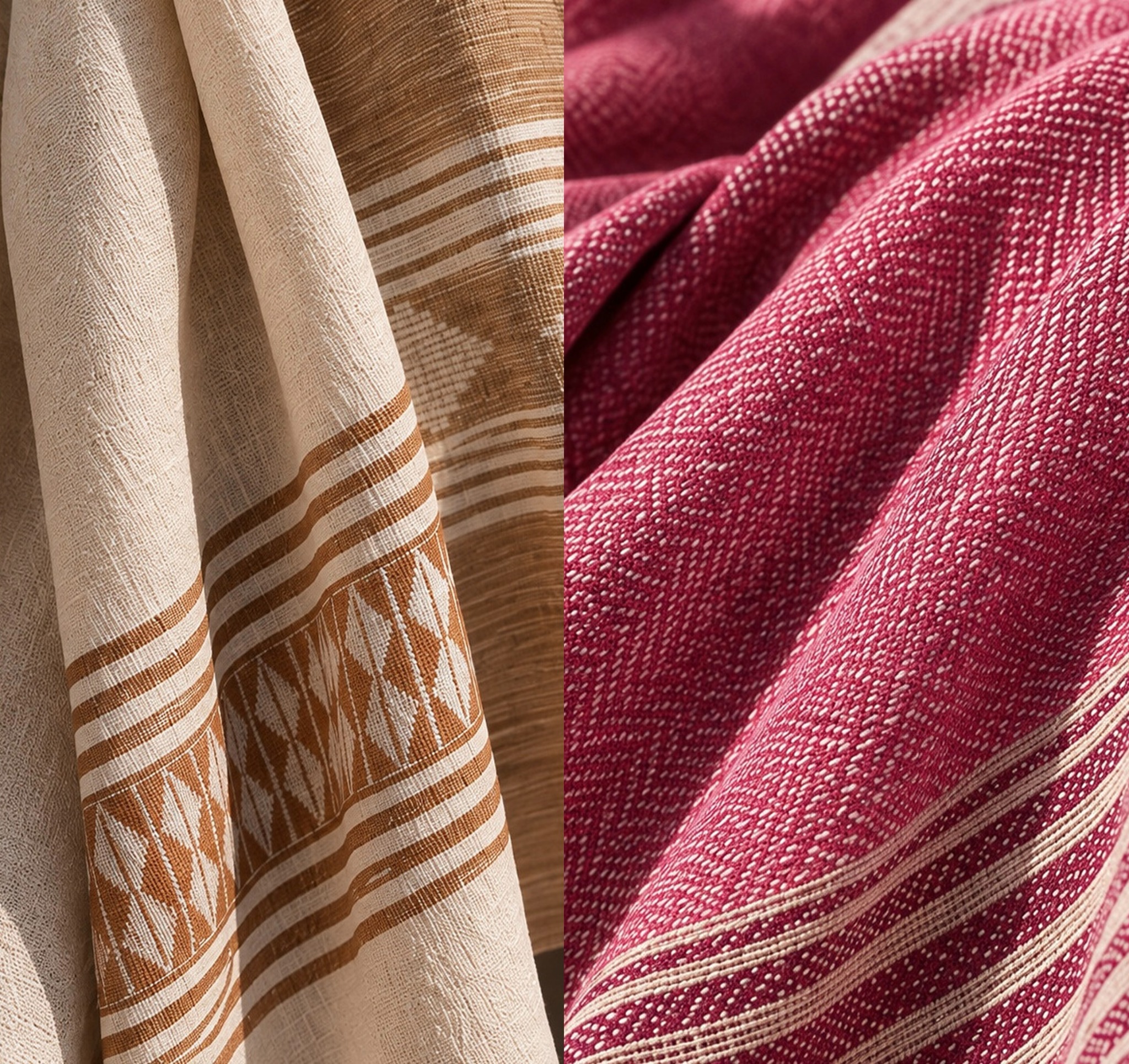 Close-up collage of beige and pink handwoven textiles